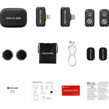 Hollyland LARK A1 Combo (Space Gray, USB-C + Lightning) - zawartość zestawu, bezprzewodowy system audio